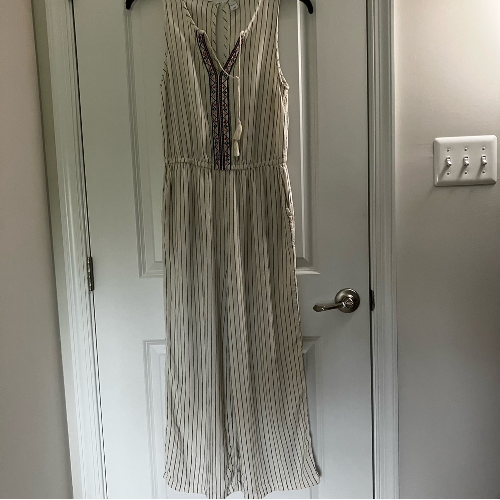 OLD NAVY | White Cream Black Striped Linen Blend Sleeveless Jumpsuit | s…